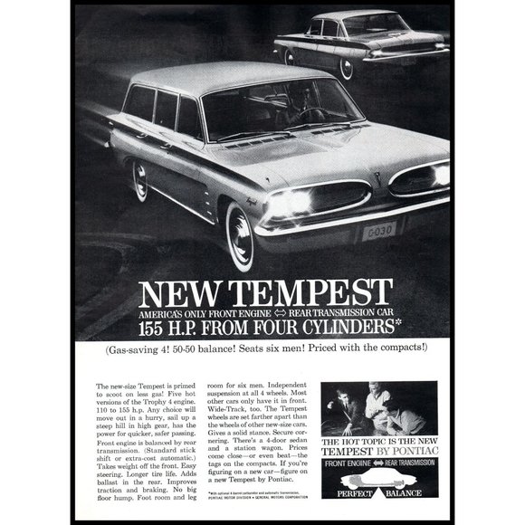 1961 Pontiac Tempest Wagon and Sedan Vintage Print Ad Trophy 4 Engine Wall Art - Picture 1 of 1